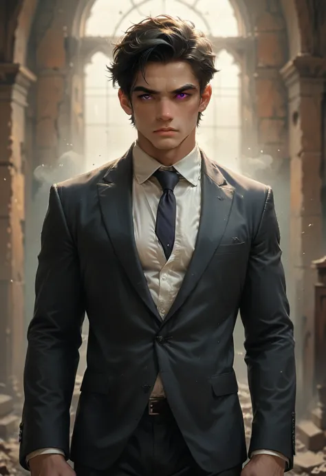 1 person,1 boy,muscular,black hair,purple eyes, trained, suit