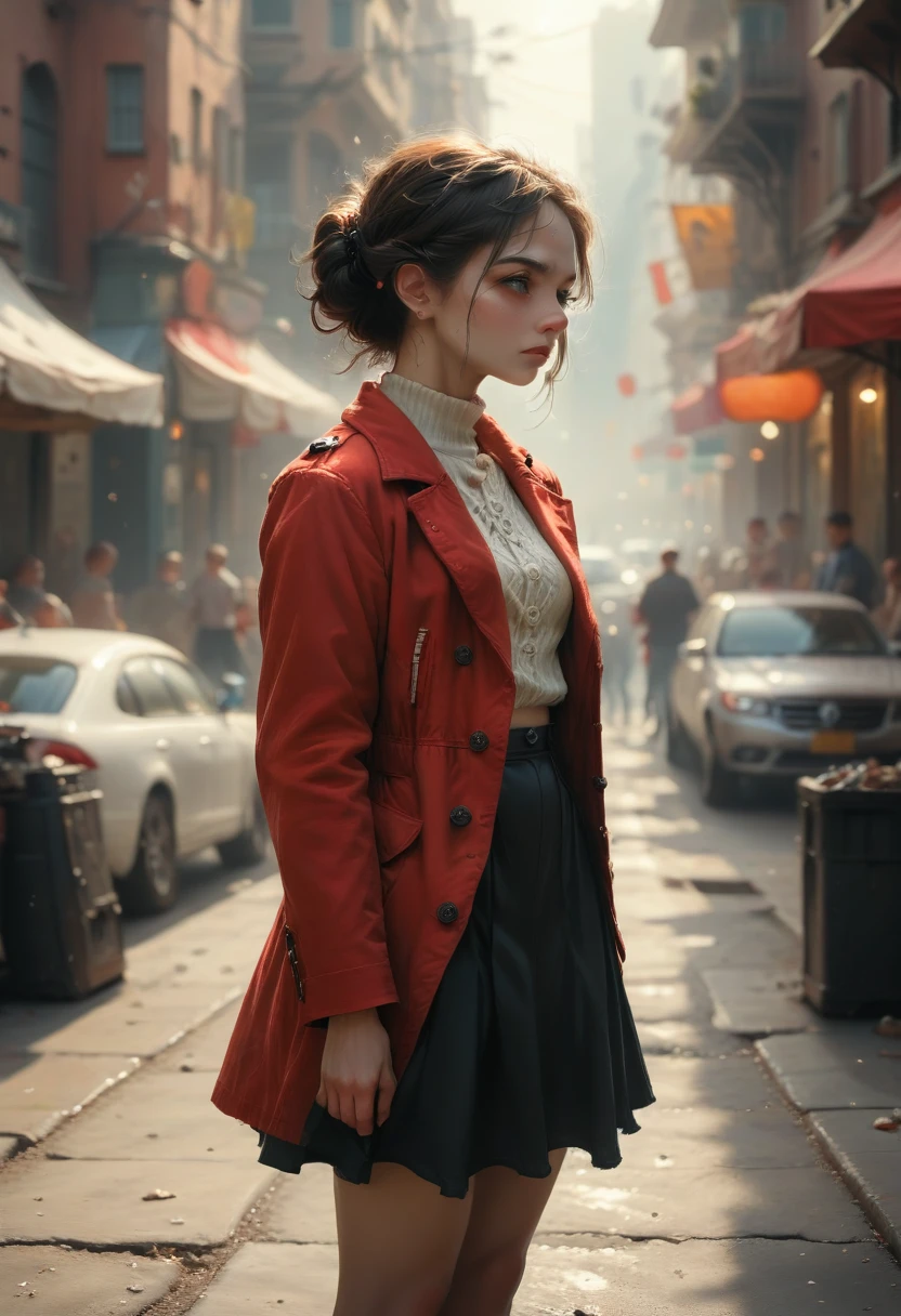 a high resolution,masterpiece,Best quality,extremely detailed,nsfv,1 girl,city, street,hands behind your back, black skirt, red coat, eye focus,