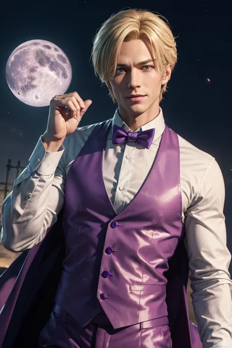 kof,king of fighters,king,blue eyes,blonde hair,medium hair,white long shirt,purple vest,a bow tie,beautiful white skin,photorea...