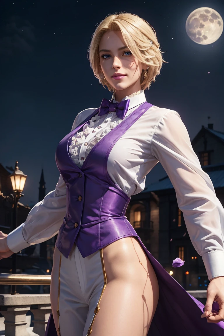 KOF,King of Fighters,King,Blue Eyes,Blonde Hair,Medium Hair,White long shirt,Purple vest,A bow tie,Beautiful white skin,Photorealistic,Ultra HD,high quality,masterpiece,Digital SLR,Detailed details,Intricate details,Anatomical basis,Depicted in detail,A detailed face,Realistic skin texture,Vivid details,Perfect Anatomy,Perfect Anatomy,Anatomically correct hand,Anatomically correct fingers,Super Detail,Complex 3D rendering,Sexy pose,Fantasy worldview,Beautiful Full Moon,,Beautiful night sky,Purple rose petals fluttering,Picturesque,Pink Lips,smile,