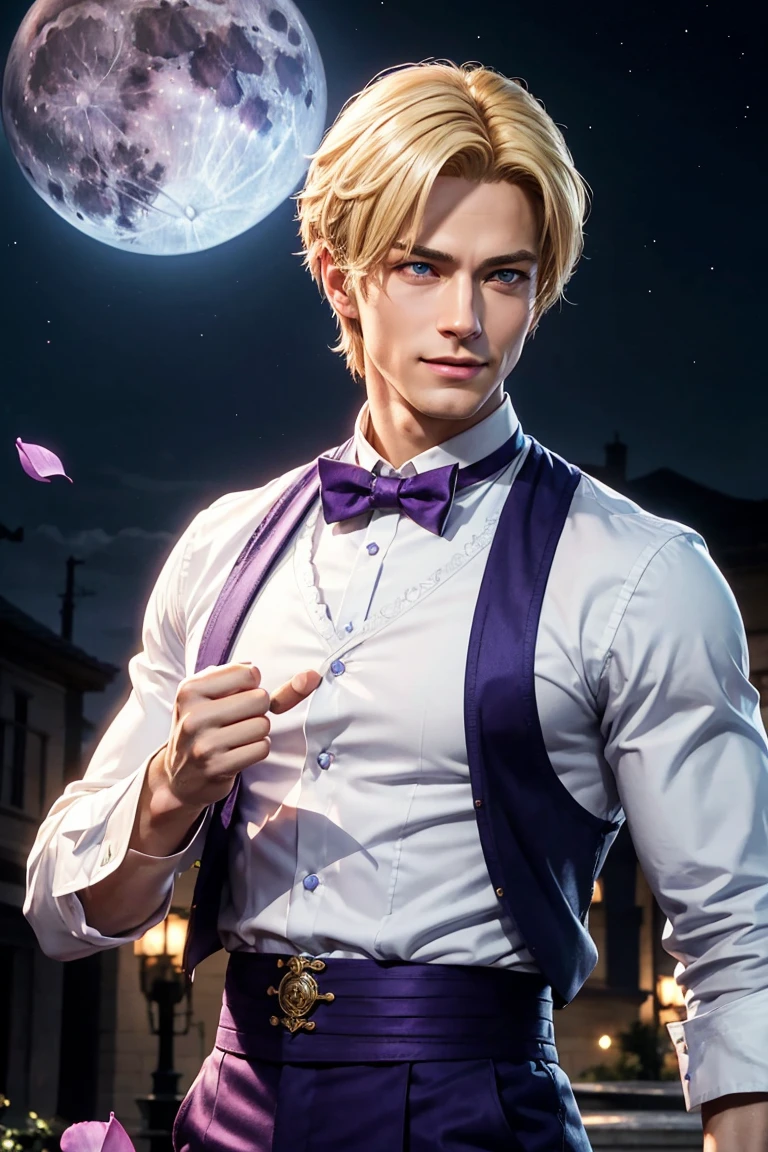 KOF,King of Fighters,King,Blue Eyes,Blonde Hair,Medium Hair,White long shirt,Purple vest,A bow tie,Beautiful white skin,Photorealistic,Ultra HD,high quality,masterpiece,Digital SLR,Detailed details,Intricate details,Anatomical basis,Depicted in detail,A detailed face,Realistic skin texture,Vivid details,Perfect Anatomy,Perfect Anatomy,Anatomically correct hand,Anatomically correct fingers,Super Detail,Complex 3D rendering,Sexy pose,Fantasy worldview,Beautiful Full Moon,,Beautiful night sky,Purple rose petals fluttering,Picturesque,Pink Lips,smile,