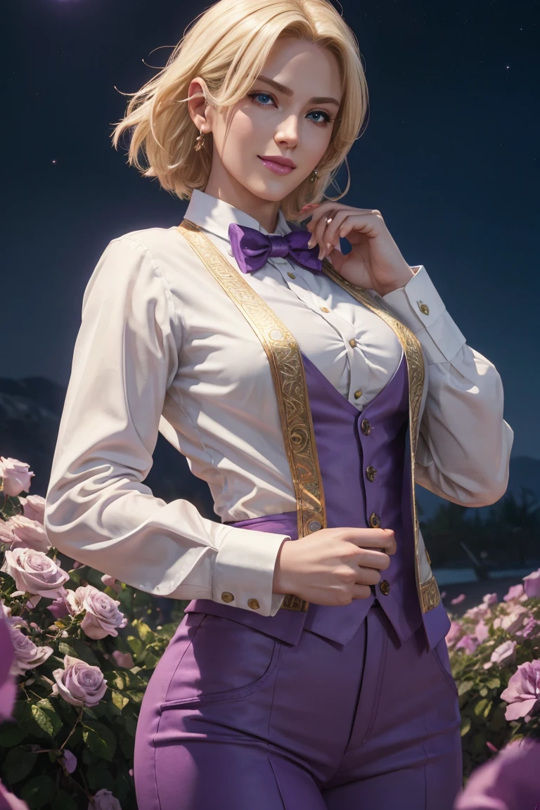 KOF,King of Fighters,King,Blue Eyes,Blonde Hair,Medium Hair,White long shirt,Purple vest,A bow tie,Beautiful white skin,Photorealistic,Ultra HD,high quality,masterpiece,Digital SLR,Detailed details,Intricate details,Anatomical basis,Depicted in detail,A detailed face,Realistic skin texture,Vivid details,Perfect Anatomy,Perfect Anatomy,Anatomically correct hand,Anatomically correct fingers,Super Detail,Complex 3D rendering,Sexy pose,Fantasy worldview,Beautiful Full Moon,,Beautiful night sky,Purple rose petals fluttering,Picturesque,Pink Lips,smile,