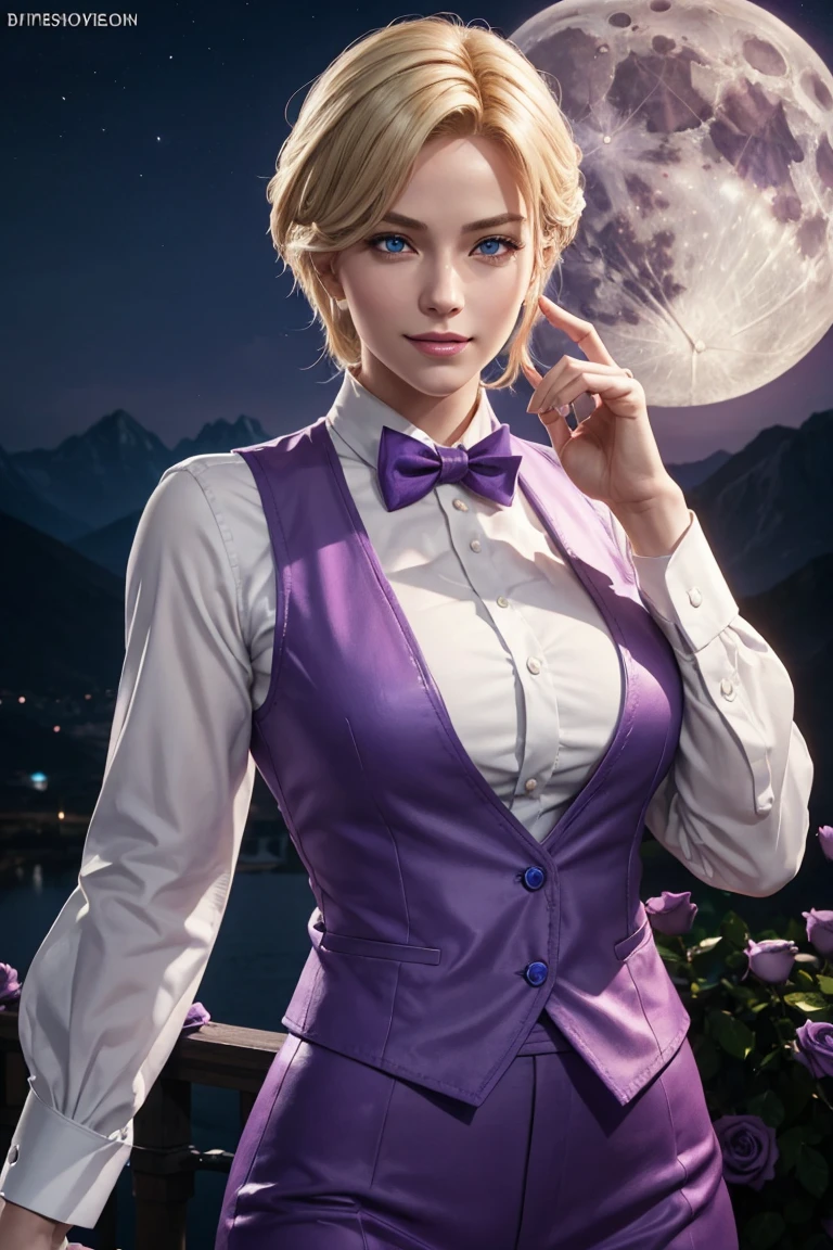 KOF,King of Fighters,King,Blue Eyes,Blonde Hair,Medium Hair,White long shirt,Purple vest,A bow tie,Beautiful white skin,Photorealistic,Ultra HD,high quality,masterpiece,Digital SLR,Detailed details,Intricate details,Anatomical basis,Depicted in detail,A detailed face,Realistic skin texture,Vivid details,Perfect Anatomy,Perfect Anatomy,Anatomically correct hand,Anatomically correct fingers,Super Detail,Complex 3D rendering,Sexy pose,Fantasy worldview,Beautiful Full Moon,,Beautiful night sky,Purple rose petals fluttering,Picturesque,Pink Lips,smile,