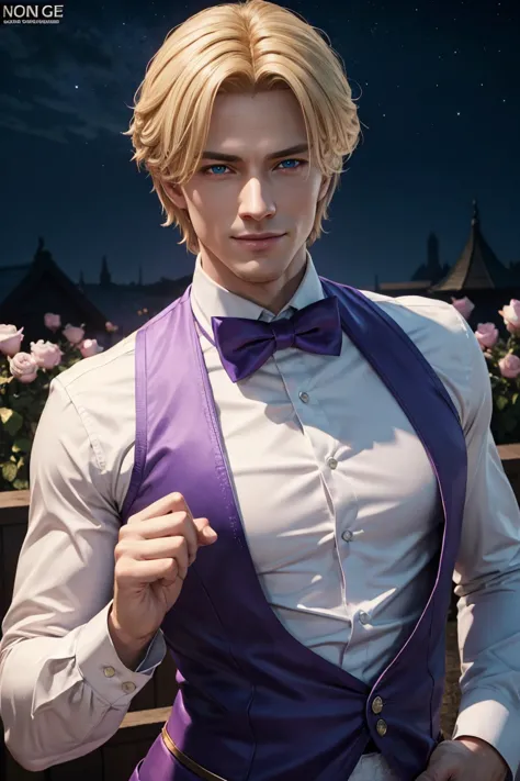 kof,king of fighters,king,blue eyes,blonde hair,medium hair,white long shirt,purple vest,a bow tie,beautiful white skin,photorea...