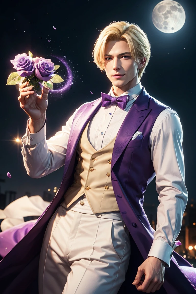 KOF,King of Fighters,King,Blue Eyes,Blonde Hair,Medium Hair,White long shirt,Purple vest,A bow tie,Beautiful white skin,Photorealistic,Ultra HD,high quality,masterpiece,Digital SLR,Detailed details,Intricate details,Anatomical basis,Depicted in detail,A detailed face,Realistic skin texture,Vivid details,Perfect Anatomy,Perfect Anatomy,Anatomically correct hand,Anatomically correct fingers,Super Detail,Complex 3D rendering,Sexy pose,Fantasy worldview,Beautiful Full Moon,,Beautiful night sky,Purple rose petals fluttering,Picturesque,Pink Lips,smile,