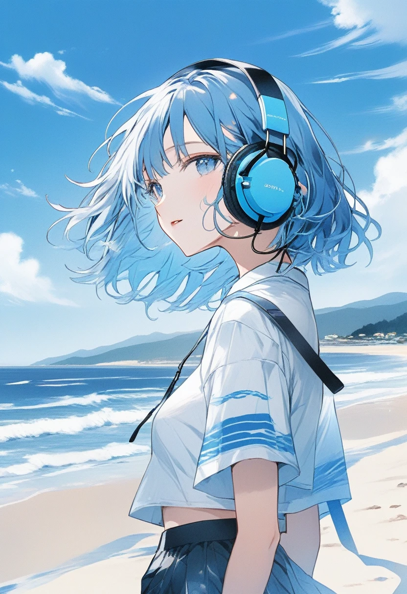 (masterpiece, Highest quality:1.4), 1 person, 20-year-old women, solo, Anime Style, Illustrator, Realistic, sketch, Cute girl wearing headphones,  Asymmetrical bob hairstyles, Long bangs on one side, lip, T-Shirts, order, Texture Trim, Blue background, Neon Hair, Texture Trim, Canadian, Summer landscape、Seaside, blue sky, white waves, Beach parasol, vision