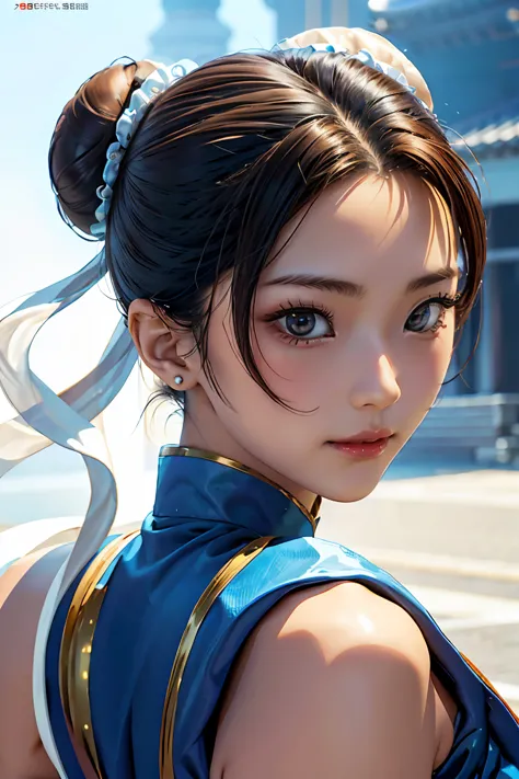 chun-li from street fight ii,the perfect chun li outfit,blue cheongsam with gold lines,bun head,covers well,fighting posture,mas...