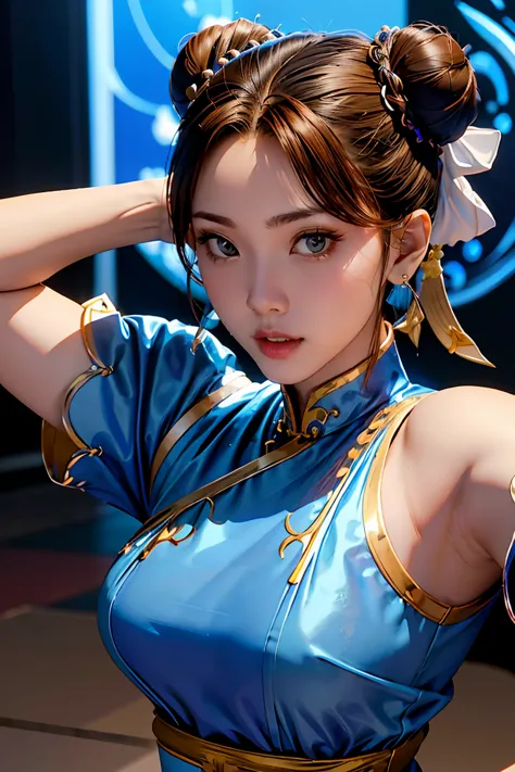 chun-li from street fight ii,the perfect chun li outfit,blue cheongsam with gold lines,bun head,covers well,fighting posture,mas...