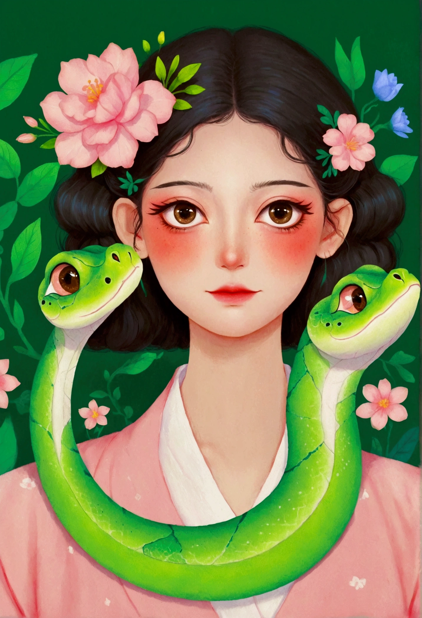 Cartoon，cute，A beautiful girl，A painting with a pink flower on the head,  Green Snake，Snake Face Woman, Ms. Entropy, 