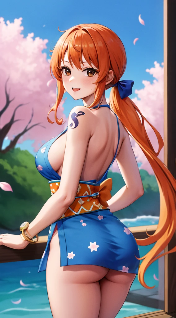 masterpiece, Highest quality, High resolution, we (one piece), Long Hair, Orange Hair, Low Ponytail, Hair Ribbon, Blue ribbon, Brown eyes, clavicle, Cleavage, Short kimono, Blue kimono, No sleeve, Bare arms, bracelet, sash, heart, Are standing, Cowboy Shot, wave hands, Outdoor, cherry blossoms, smile, Open your mouth,Short kimono丈,Big Ass,Large Breasts