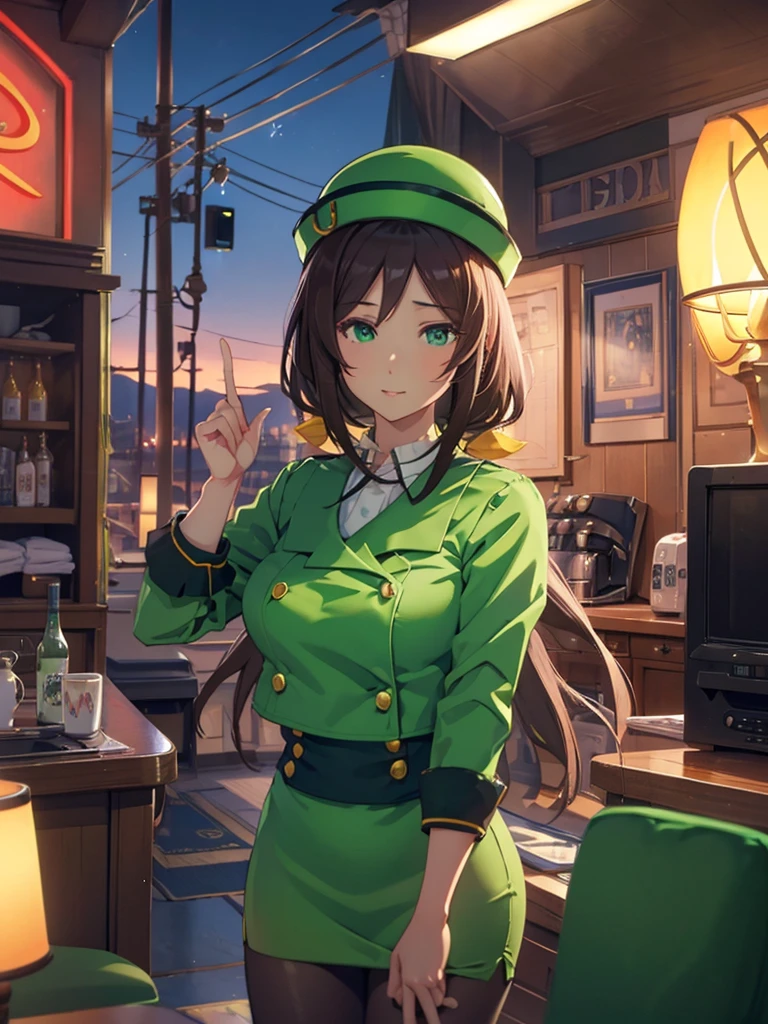 (​masterpiece、top-quality、hight resolution、Unity 8k、extremely details CG:1,Best Picture), hayakawa tazuna, low ponytail, green headwear, green jacket, green skirt, pantyhose, "A porn star standing outside, pointing towards a motel with a playful yet suggestive expression. She is dressed in casual yet revealing attire, emphasizing her confident and flirtatious demeanor. The background features the motel's neon sign, and the scene is set during the evening, with the star's posture and gesture inviting the viewer's attention towards the motel." open jacket