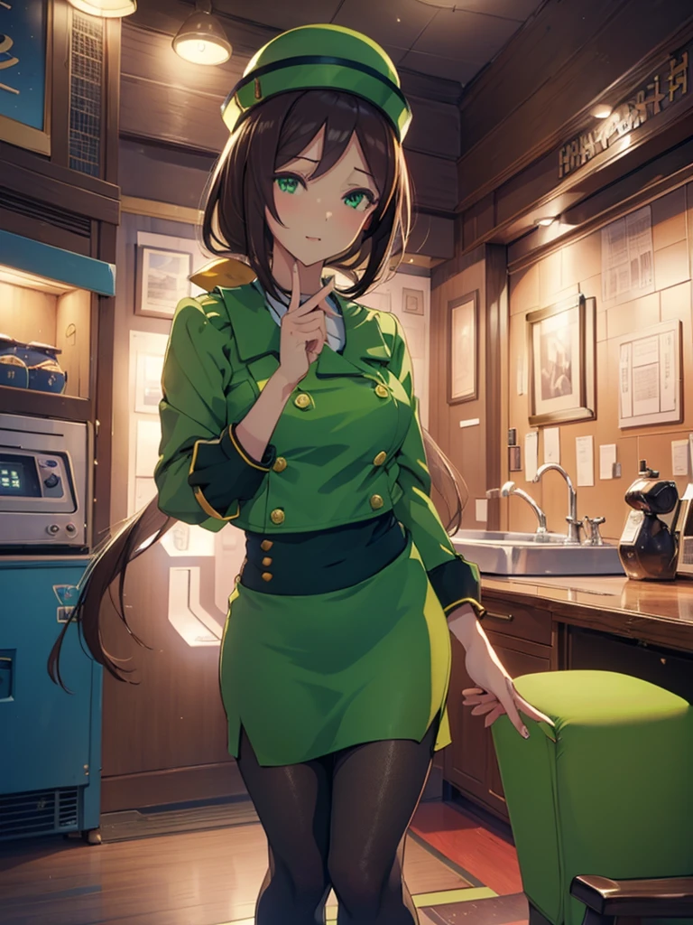 (​masterpiece、top-quality、hight resolution、Unity 8k、extremely details CG:1,Best Picture), hayakawa tazuna, low ponytail, green headwear, green jacket, green skirt, pantyhose, "A porn star standing outside, pointing towards a motel with a playful yet suggestive expression. She is dressed in casual yet revealing attire, emphasizing her confident and flirtatious demeanor. The background features the motel's neon sign, and the scene is set during the evening, with the star's posture and gesture inviting the viewer's attention towards the motel." open jacket