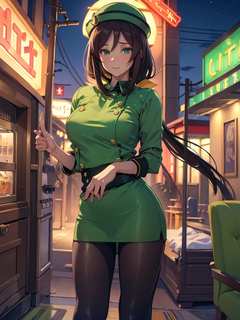 (​masterpiece、top-quality、hight resolution、Unity 8k、extremely details CG:1,Best Picture), hayakawa tazuna, low ponytail, green headwear, pantyhose, "A porn star standing outside, pointing towards a motel with a playful yet suggestive expression. She is dressed in casual yet revealing attire, emphasizing her confident and flirtatious demeanor. The background features the motel's neon sign, and the scene is set during the evening, with the star's posture and gesture inviting the viewer's attention towards the motel."