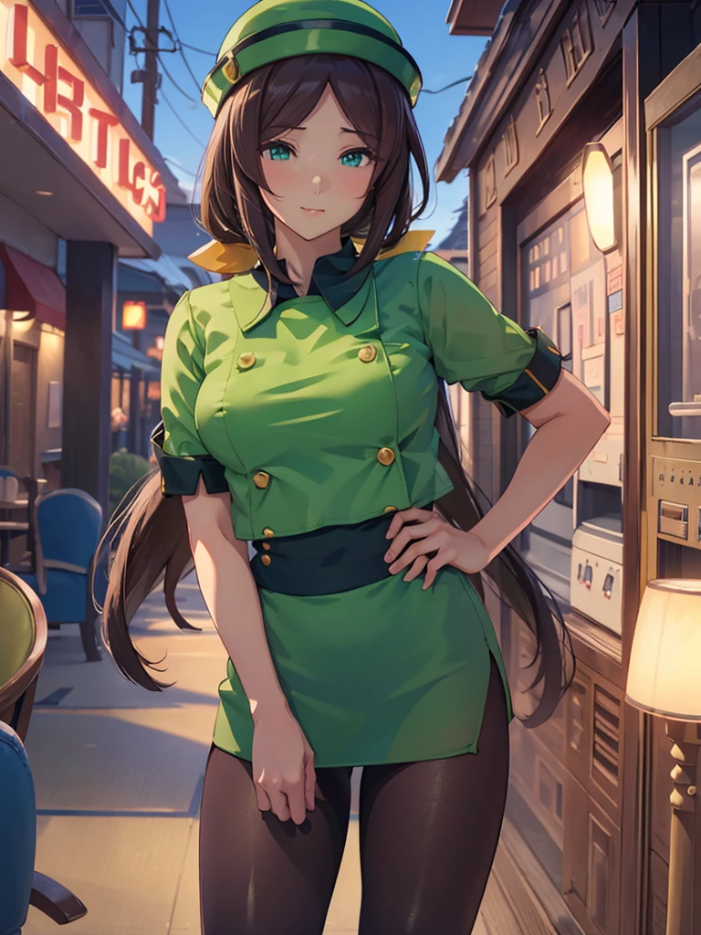 (​masterpiece、top-quality、hight resolution、Unity 8k、extremely details CG:1,Best Picture), hayakawa tazuna, low ponytail, green headwear, pantyhose, "A porn star standing outside, pointing towards a motel with a playful yet suggestive expression. She is dressed in casual yet revealing attire, emphasizing her confident and flirtatious demeanor. The background features the motel's neon sign, and the scene is set during the evening, with the star's posture and gesture inviting the viewer's attention towards the motel."