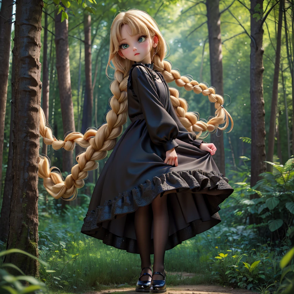 whole body、dress、pantyhose、Black footwear、Blonde、Loose braids、Beautiful Face、Green Eyes、Forest Background、(masterpiece:1.2)、Highest quality、Confused、Highly detailed wallpaper、Perfect lighting、(黒とのdress、length)sleeve:1.1)