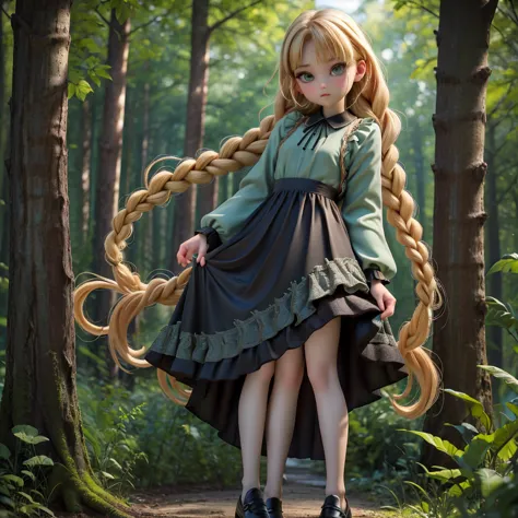 whole body、dress、pantyhose、black footwear、blonde、loose braids、beautiful face、green eyes、forest background、(masterpiece:1.2)、high...