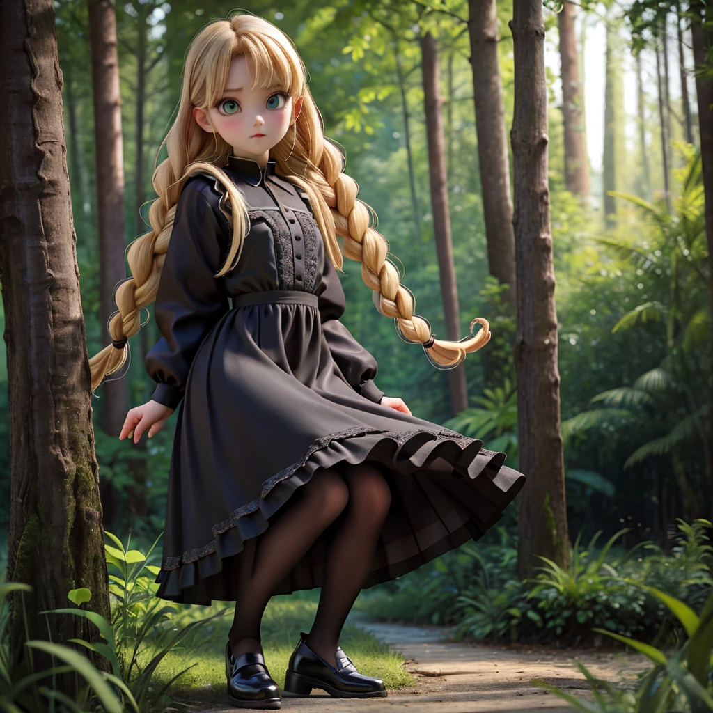 whole body、dress、pantyhose、Black footwear、Blonde、Loose braids、Beautiful Face、Green Eyes、Forest Background、(masterpiece:1.2)、Highest quality、Confused、Highly detailed wallpaper、Perfect lighting、(黒とのdress、length)sleeve:1.1)