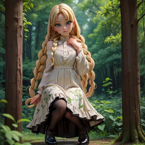 whole body、dress、pantyhose、black footwear、blonde、loose braids、beautiful face、green eyes、forest background、(masterpiece:1.2)、high...