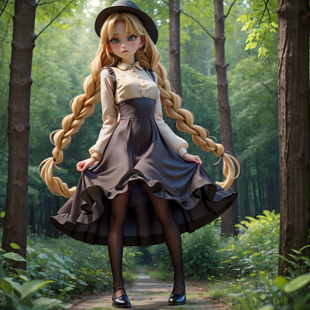 whole body、dress、pantyhose、Black footwear、Blonde、Loose braids、Beautiful Face、Green Eyes、Forest Background、(masterpiece:1.2)、Highest quality、Confused、Highly detailed wallpaper、Perfect lighting、(黒とのdress、length)sleeve:1.1)