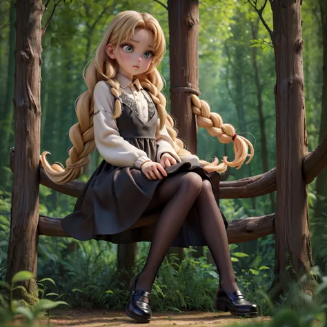 whole body、dress、pantyhose、black footwear、blonde、loose braids、beautiful face、green eyes、forest background、(masterpiece:1.2)、high...