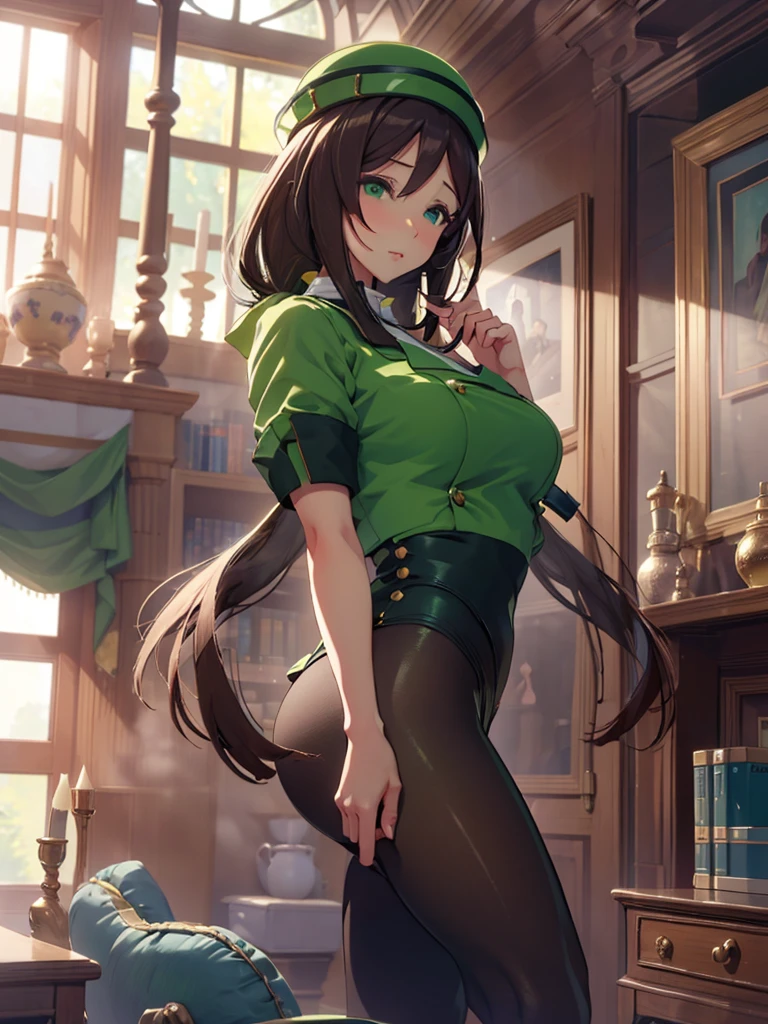 (​masterpiece、top-quality、hight resolution、Unity 8k、extremely details CG:1,Best Picture), hayakawa tazuna, low ponytail, green headwear, green jacket, pantyhose, "A porn star leaning forward, captured from the front view, with her body slightly bent at the waist. Her facial expression is a mix of seduction and playfulness, making eye contact with the viewer. Her hair falls forward, framing her face, and she’s wearing a tight outfit that accentuates her curves. The focus is on her upper body and face, highlighting the teasing posture."