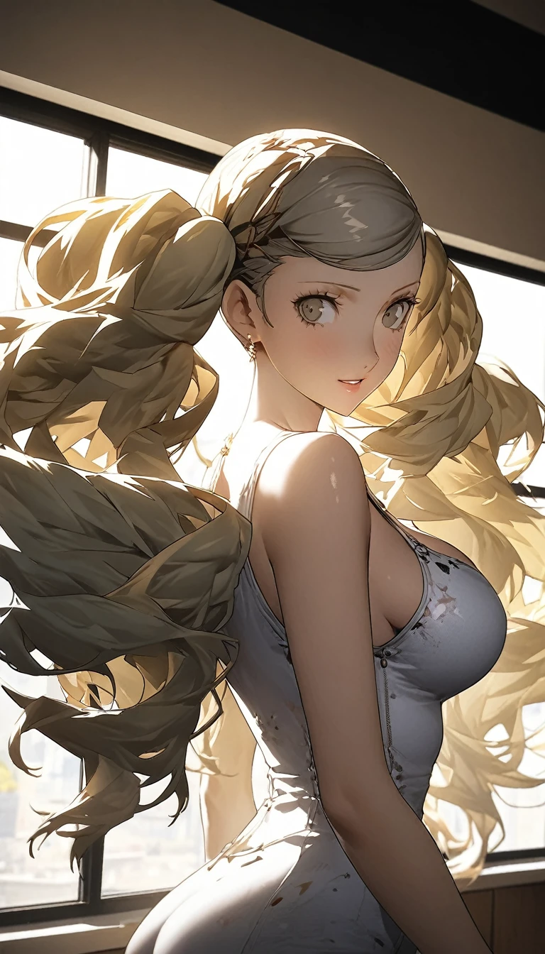 ((((Persona:1.8)))), (1girl), Long Hair, Blonde, ((青colorの目:1.5)), twintails, big hair, swept bangs, 笑face, ((tanktop shorts)), classroom, break looking at viewer, (cowboy shot, from side), break (masterpiece:1.2), Highest quality, High resolution, unity 8k wallpaper, (figure:0.8), (beautiful細部までこだわった目:1.6), 非常に詳細なface, Perfect lighting, Highly detailed CG, (Perfect hands, Perfect Anatomy), (Vibrant_color:1.2),Professional photos, ((beautiful_face:1.5)),(narrow_Waist),((character sprite, standing picture)),seductive smile,(perfect anatomy),((highly detailed beautiful face)), ((slender body, slim arms, lissome figure, slim body, willowy)), (((huge boobs:1, Cleavage))),((official art:1, Anime Art:1))