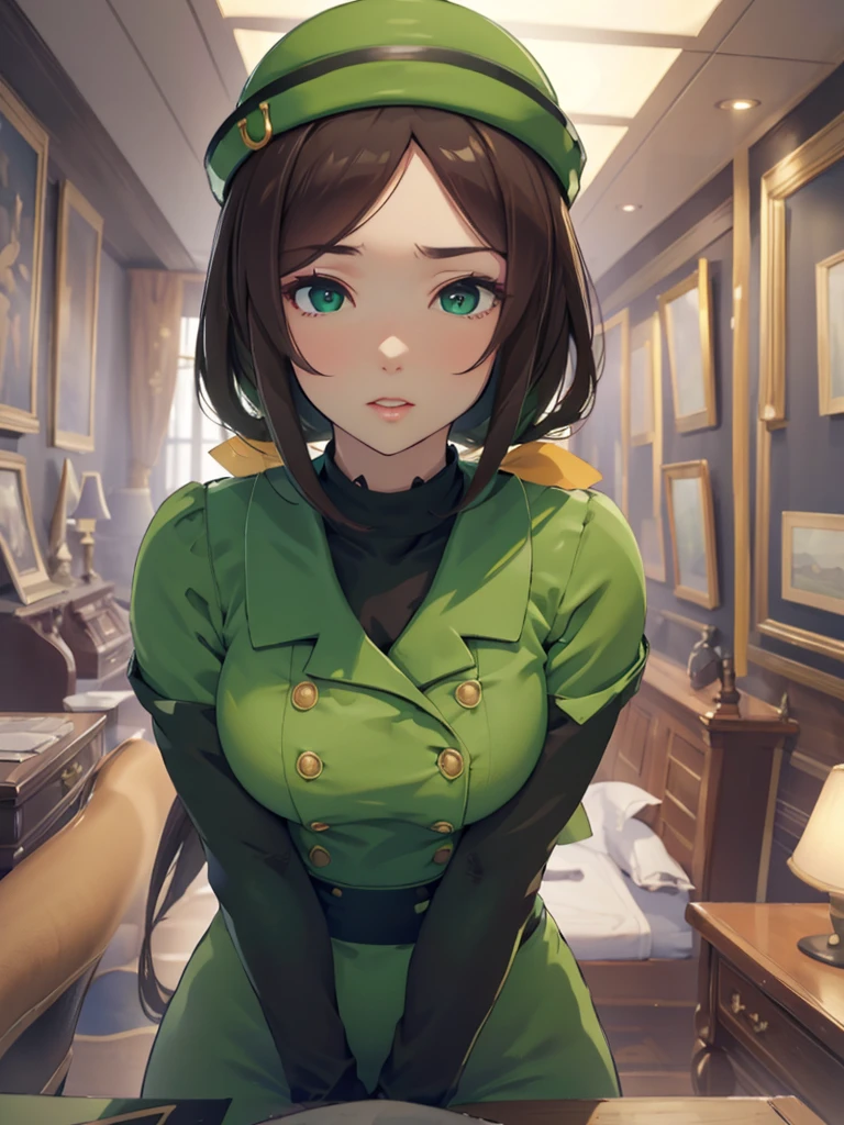 (​masterpiece、top-quality、hight resolution、Unity 8k、extremely details CG:1,Best Picture), hayakawa tazuna, low ponytail, green headwear, green jacket, pantyhose, "A porn star leaning forward, captured from the front view, with her body slightly bent at the waist. Her facial expression is a mix of seduction and playfulness, making eye contact with the viewer. Her hair falls forward, framing her face, and she’s wearing a tight outfit that accentuates her curves. The focus is on her upper body and face, highlighting the teasing posture."