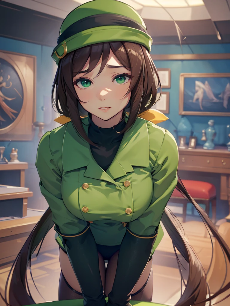 (​masterpiece、top-quality、hight resolution、Unity 8k、extremely details CG:1,Best Picture), hayakawa tazuna, low ponytail, green headwear, green jacket, pantyhose, "A porn star leaning forward, captured from the front view, with her body slightly bent at the waist. Her facial expression is a mix of seduction and playfulness, making eye contact with the viewer. Her hair falls forward, framing her face, and she’s wearing a tight outfit that accentuates her curves. The focus is on her upper body and face, highlighting the teasing posture."