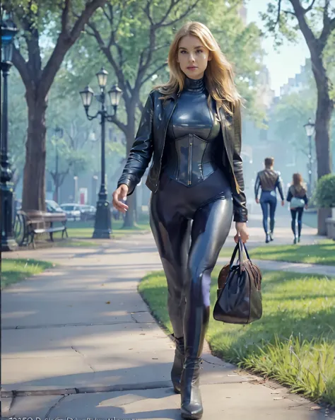 masterpiece, high definition an attractive blonde woman wearing a lycra catsuit with corset, leather jacket and a bag, walking t...