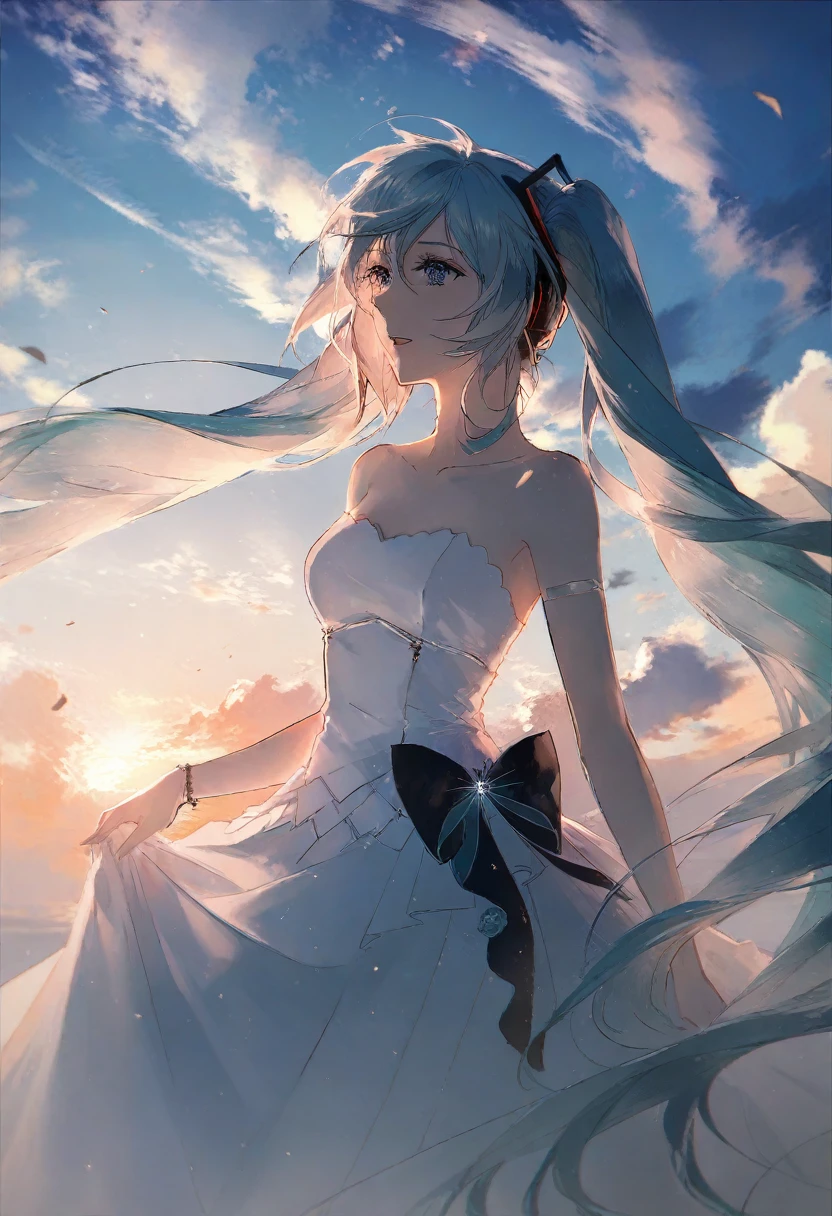 by rella, by Kitty Lange Kielland, break
watercolor,
break
hatsune_miku, solo, parted lips, detailed face, detailed hair, wind effect, 
break
strapless, bare shoulders, collarbone, Tea-length wedding dress,
break
clear blue sky, cloud, cloudy sky,
break
 [photorealistic:impasto:0.6],
break
beautiful, aesthetic, detailed, beautiful color, amazing quality, best quality, high quality,