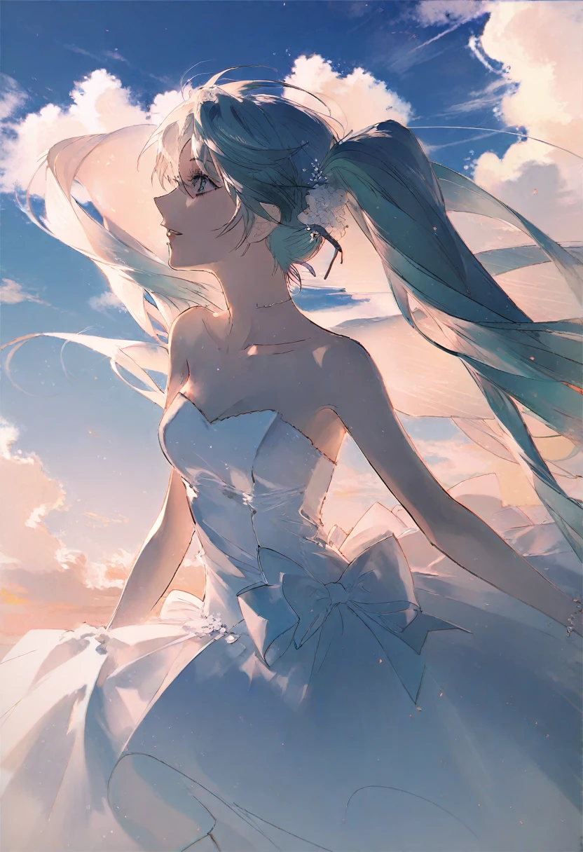 by rella, by Kitty Lange Kielland, break
watercolor,
break
hatsune_miku, solo, parted lips, detailed face, detailed hair, wind effect, 
break
strapless, bare shoulders, collarbone, Tea-length wedding dress,
break
clear blue sky, cloud, cloudy sky,
break
 [photorealistic:impasto:0.6],
break
beautiful, aesthetic, detailed, beautiful color, amazing quality, best quality, high quality,