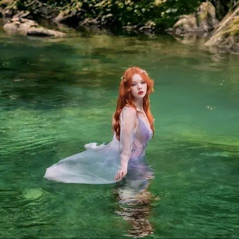 there is a woman in a dress in water with a net, nymph in water, hada ellie bamber, water fairy, ethereal beauty, in water, in a...