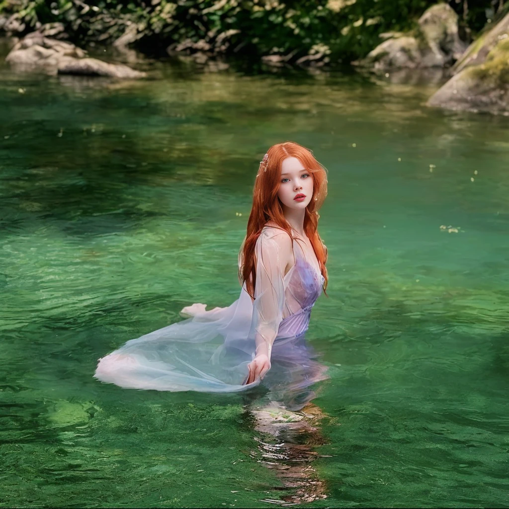 there is a woman in a dress in water with a net, nymph in water, hada ellie bamber, water fairy, ethereal beauty, in water, in a lake, a stunning young ethereal figure, ethereal and dreamy, in water, many Merlot, ethereal fairy tale, a frame of an ethereal, ophelia, in water up to her shoulders