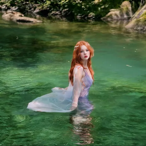 there is a woman in a dress in water with a net, nymph in water, hada ellie bamber, water fairy, ethereal beauty, in water, in a...