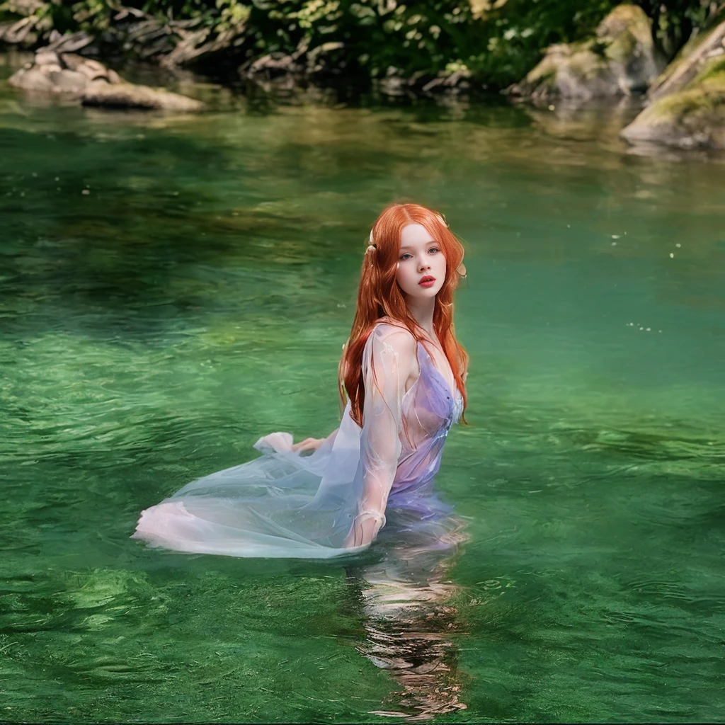 there is a woman in a dress in water with a net, nymph in water, hada ellie bamber, water fairy, ethereal beauty, in water, in a lake, a stunning young ethereal figure, ethereal and dreamy, in water, many Merlot, ethereal fairy tale, a frame of an ethereal, ophelia, in water up to her shoulders