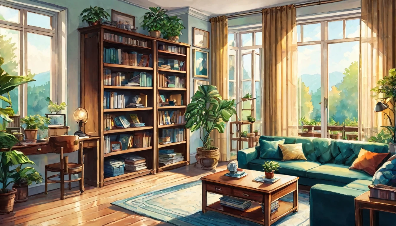 A home office livingroom with a bookshelf and a plants, picture frame above the sofa, No people, landscape, a book, a bookshelf, a plant, window, chair, Sun Ray, sofa, a book stack, shelf, in room, wooden floor, pillow, globe, box, curtains, tree, рабочий Table, lamp, day, potted a plant, Table, cup, ladder, original, masterpiece, illustration, Very good and beautiful, perfectly detailed, photorealistic