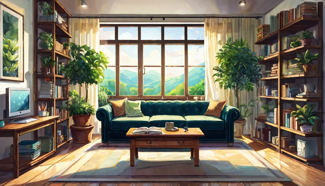 A home office livingroom with a bookshelf and a plants, picture frame above the sofa, No people, landscape, a book, a bookshelf, a plant, window, chair, Sun Ray, sofa, a book stack, shelf, in room, wooden floor, pillow, globe, box, curtains, tree, рабочий Table, lamp, day, potted a plant, Table, cup, ladder, original, masterpiece, illustration, Very good and beautiful, perfectly detailed, photorealistic