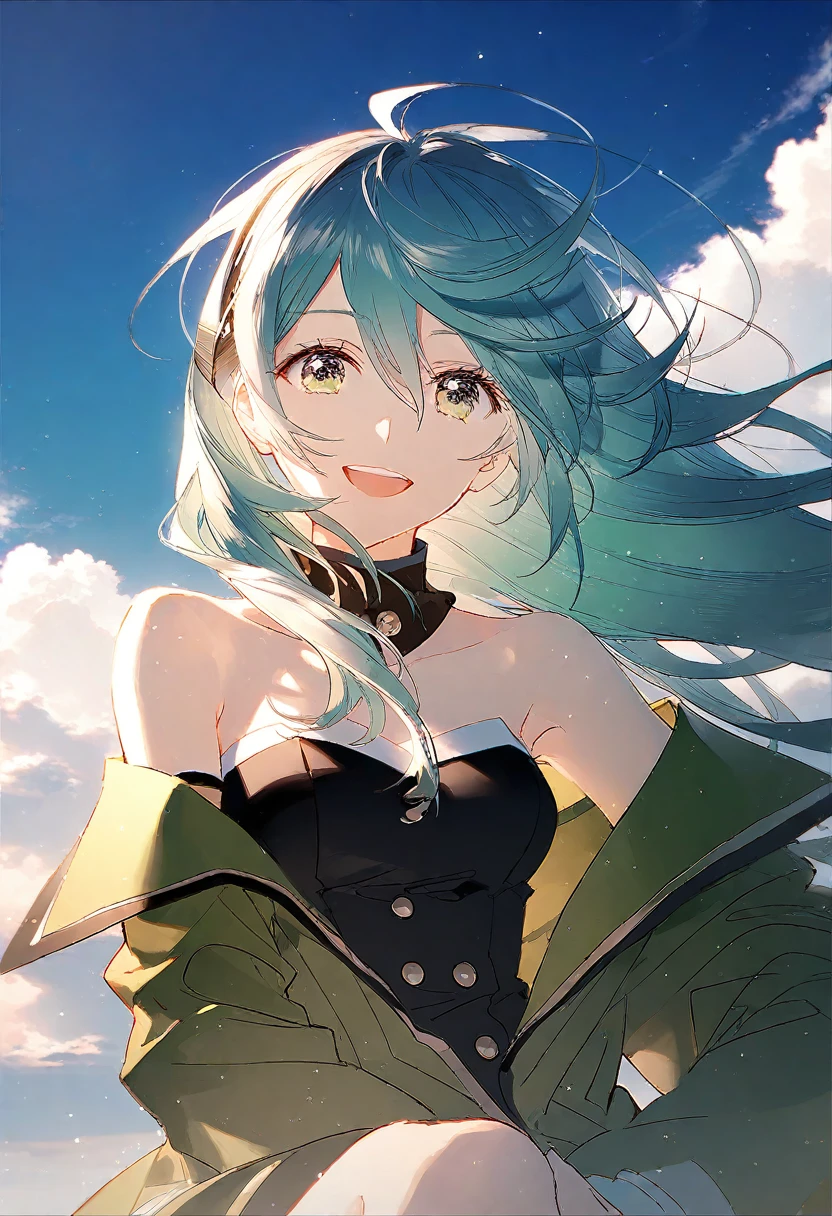 From rella, From dsmile9, rest
rest
棕色斜马尾，Green eyes, Solitary, Open your mouth, detailed face, detailed eyes, detailed hair, Wind Effect, 
rest
dynamic angle,
rest
strapless, Bare shoulders, clavicle，Dark green trench coat，, Spiritual inspiration comes from Yoshinariyo,
rest
Thrilled,
rest
(Clear blue sky), 
rest
 [Reality:Reality:0.6],
rest
beautiful, Aesthetic, detailed, Beautiful colors, excellent quality,