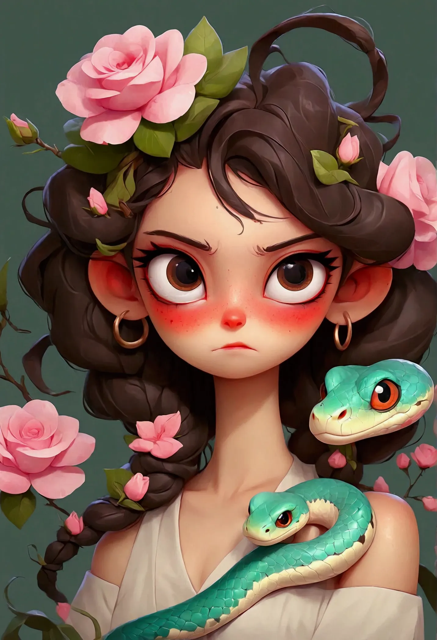 snake headdress，anime girl with roses on her head, her many snakes as hair, snake face woman, digital anime illustrations, loish...