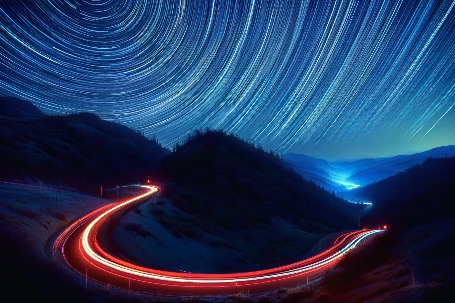 A view of a winding road，There are star tracks in the sky, Long-term contact shot, tracingStar Trails, Light Trailss, Long-term contact photography, Light stripes, Long-term contact, Long-term contact photo, Light Trails, Long-term contact photograph, Star Trails above, Long-term contact time, Light stripes in the sky, Star Trails, nightime Long-term contact, Night Sky Photography