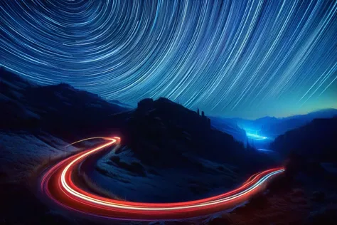 a view of a winding road，there are star tracks in the sky, long-term contact shot, tracingstar trails, light trailss, long-term ...