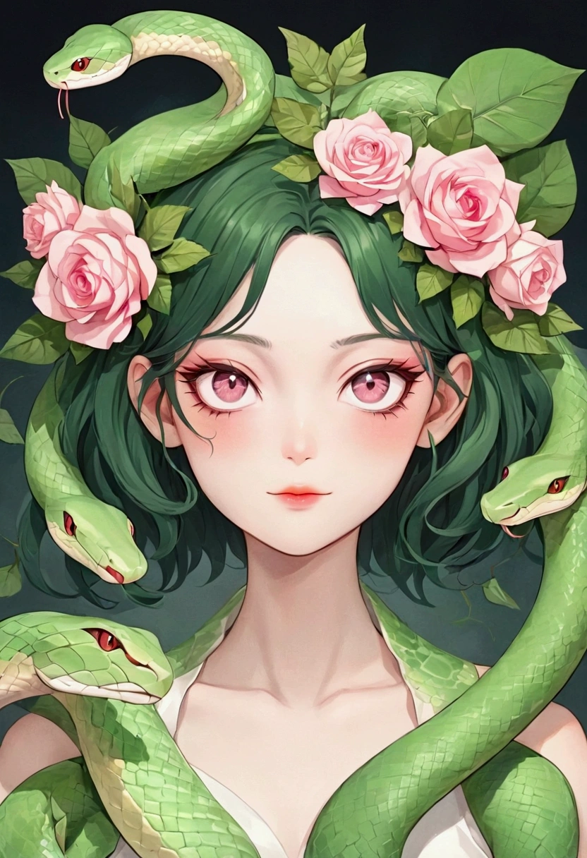 Snake headdress，Anime girl with roses on her head, her many snakes as hair, Snake Face Woman, digital Anime Illustrations, Loish et WLOP, Snake Woman Hybrid, Detailed digital anime art, Anime style illustrations, Popular trends on artstration, guweiz style artwork, the dragon girl portrait, Kawaii realistic portrait, Anime Illustrations