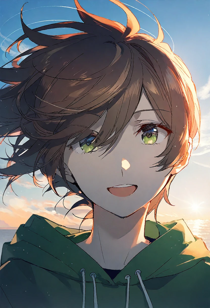 From rella, From dsmile9, Young girl，Flip hair，poke球
rest
棕色斜马尾，Green eyes, Solitary, Open your mouth, detailed face, detailed eyes, detailed hair, Wind Effect, （Brown ponytail ）
rest
dynamic angle,
rest
，Dark green sweatshirt，Spiritual inspiration comes from Yoshinariyo,鸭舌帽
rest
Thrilled,
rest
(Clear blue sky), 
rest
 [Reality:Reality:0.6],
rest
beautiful, Aesthetic, detailed, Beautiful colors, excellent quality,