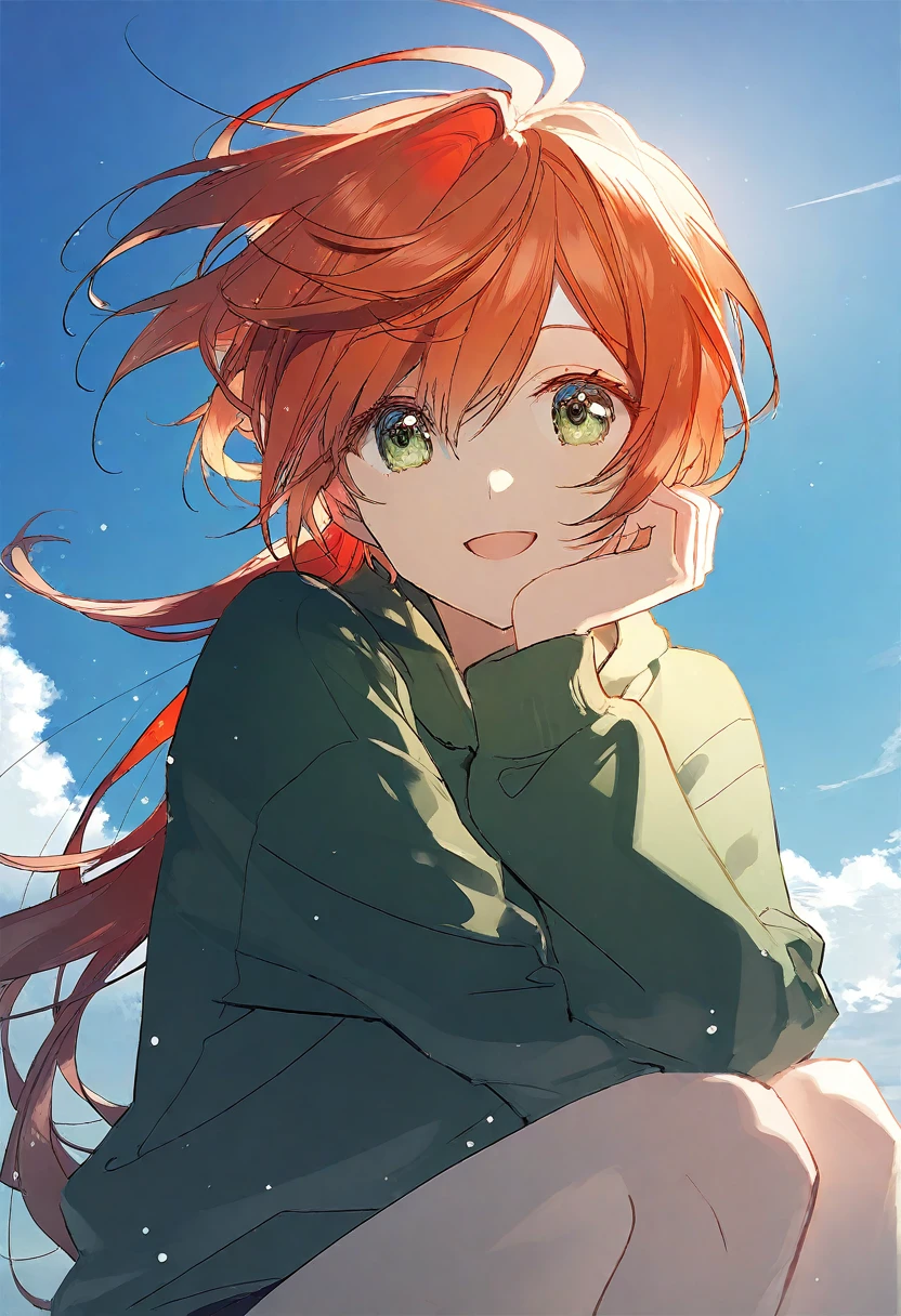 From rella, From dsmile9, Young girl，Flip hair，poke球
rest
棕色斜马尾，Green eyes, Solitary, Open your mouth, detailed face, detailed eyes, detailed hair, Wind Effect, （Brown ponytail ）
rest
dynamic angle,
rest
，Dark green sweatshirt，Spiritual inspiration comes from Yoshinariyo,鸭舌帽
rest
Thrilled,
rest
(Clear blue sky), 
rest
 [Reality:Reality:0.6],
rest
beautiful, Aesthetic, detailed, Beautiful colors, excellent quality,