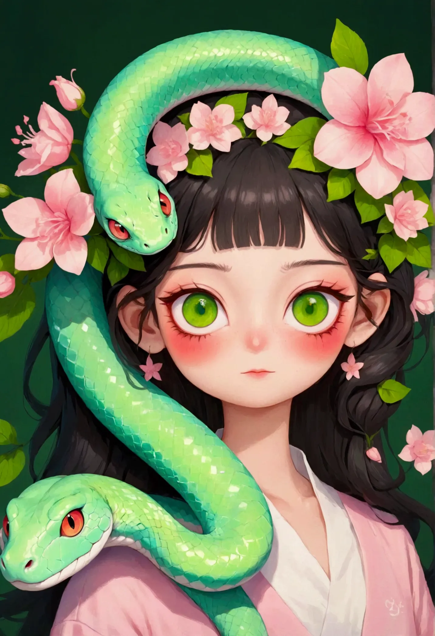 cartoon，cute，a beautiful girl，a painting with a pink flower on the head,  green snake，snake face woman, ms. entropy,