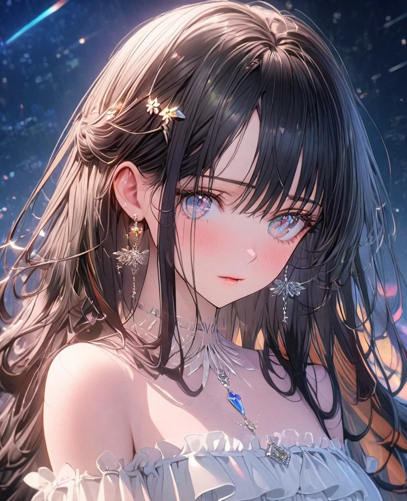 8k,Ephemeral beauty，Very delicate and beautiful,Beautiful and realistic skin,Shiny Hair,Black Hair、Long and colorful hair,Beautiful Eyes,Beautiful night sky、shy、Hair is half-up without any hair accessories、small jewel pin、No earrings、No piercing、Shy、White frilly outfit