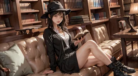 one woman reading a grimoire at a seat in a fantastic library, black hat, black boots, black long cardigan, white dress, black h...