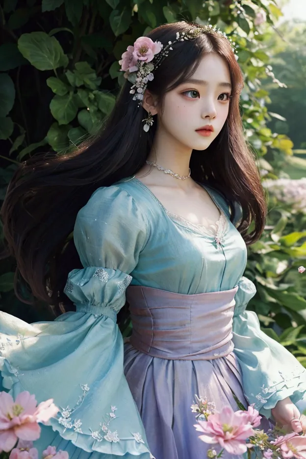 jisoo from blackpink, girl, hair blowing in the wind, flowing dress, beautiful detailed eyes, dreamy expression, soft sunlight, ...