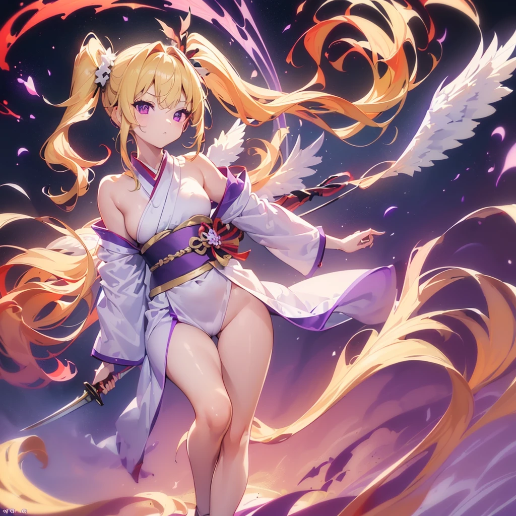 (((Best Quality)) (((One Person))) (anatomically correct) (long side ponytail 1.4),facing this way, angel,((small breast))(young)((big wings))kimono of the god of Japan1.8,long blonde 2.0((holding the legendary red two-handed big sword))((purple eyes)) universe 1.8, galaxy in the background