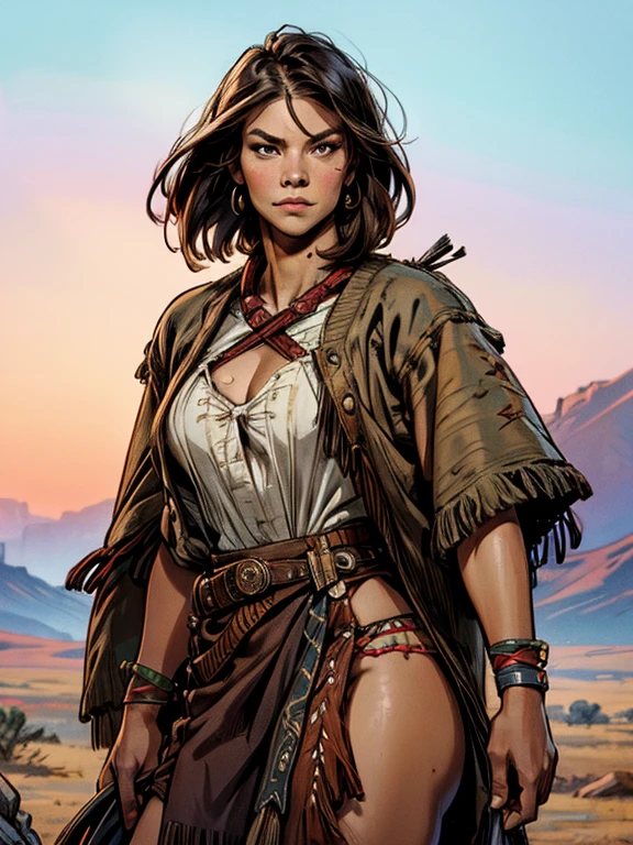 portrait photograph of Lauren Cohan as a apache, young beautiful native american woman, perfect symmetrical face, perfect body, sagging breasts, indigenes feather jewelry, traditional handmade dress, armed female hunter warrior, (((wild west))) environment, Utah landscape, ultra realistic, concept art, elegant, ((intricate)), ((highly detailed)), depth of field, ((professionally color graded)), soft ambient lighting, dusk, 8k, skimpy clothes 